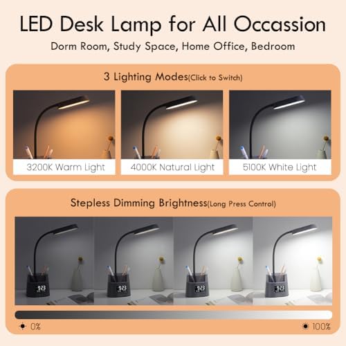 Led Desk Lamp with Pen Holder, Touch Lamps for Nightstand Eye-Caring Bedside Reading Light with Clock, Office Lamps Stepless Dimming, Lamp for Dorm Room, Suitable for Kid/Girl/Boy (Gray)