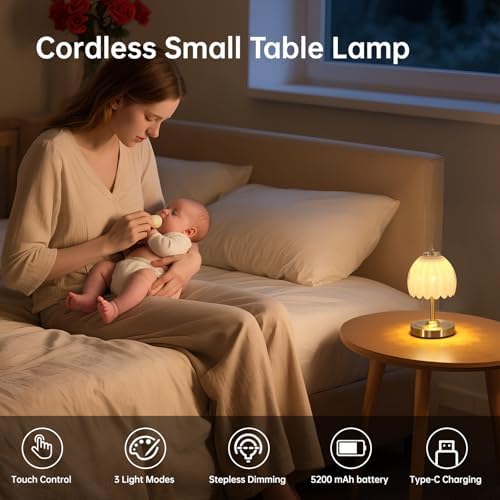Shenmoyl Set of 2 Tulip Table Lamp with 5200mAh Battery & Touch Control, Cordless Small Table Lamp with 3 Colors, Rechargeable Battery Operated Table Lamps for Nightstand, Bedroom (White Tulip)