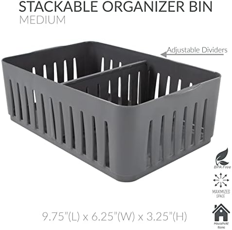 Simplify 3 Compartment Stackable Bin with Adjustable Dividers | Drawer Organizer | Storage Basket | Good for Office | Desk Supplies | Dorm | Bathroom | Accessories | Make Up | Grey