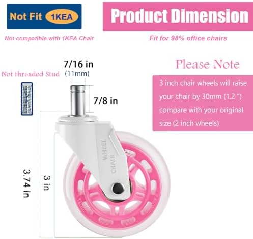 Office Chair Caster Wheels Replacement 3 Inch Roller Blade, Set of 5