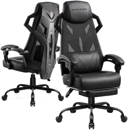 GTPLAYER Gaming Chair, Computer Chair with Mesh Back, Ergonomic Gaming Chair with Footrest, Reclining Gamer Chair with Adjustable Headrest and Lumbar Support for Gaming and Office (Black)
