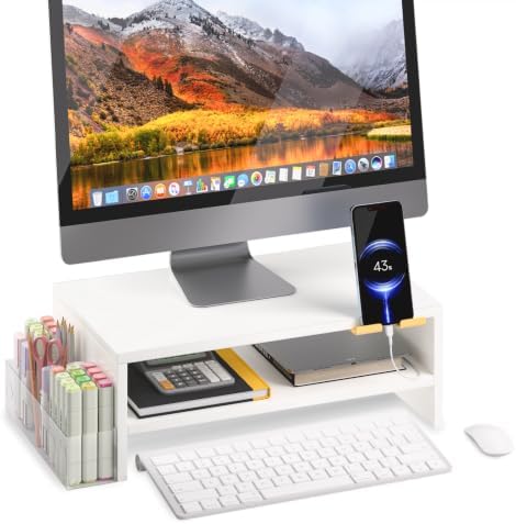 TEAMIX 2-Tier White Monitor Stand Riser with Phone Holder&Clear Pen Holder
