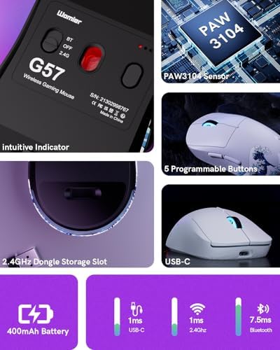 G57 Wireless Gaming Mouse, 8000 DPI, White