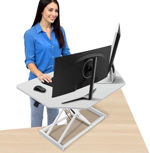 34 inch White Corner Height Adjustable Standing Desk Converter, One-Click Sit to Stand up Desk Riser, Pre-Assembled Dual Monitor and Laptop Workstation