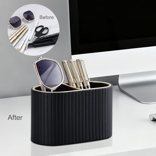 KINGFOM PU Leather Desk Organizer Pen Holder – Dual-Compartment Stylish Pencil Cup Remote Control Holder Desktop Supplies and Accessories Organizer Caddy for Office Home School (Black)