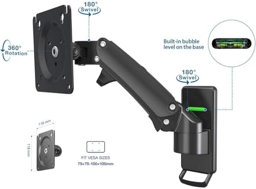 NB AV Mount F120 Monitor Arm, Wall Mount for 17-27" Flat/Curved Screens (15 lbs), VESA 75x75/100x100MM, Gas Spring, Swivel Tilt Adjustable