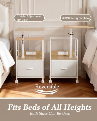 Faesun Night Stand with Charging Station & Swivel Top, Oak White