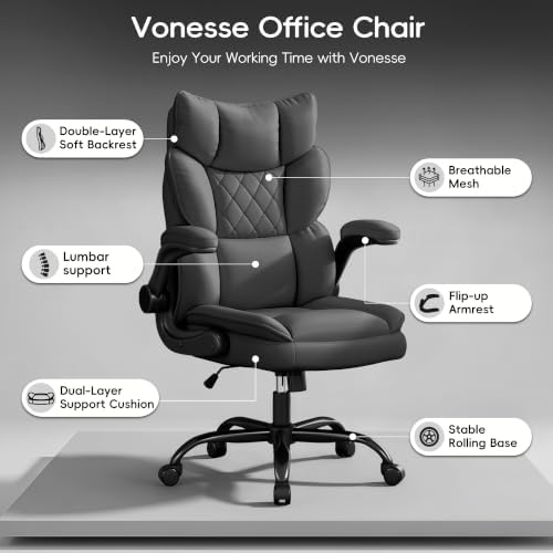 Vonesse Office Chair, Desk Chair with Flip-up Armrests, Gaming Chair with Double-Layered Soft Backrest,PU Leather Computer Executive Chair with Breathable Seat Cushion (Grey)