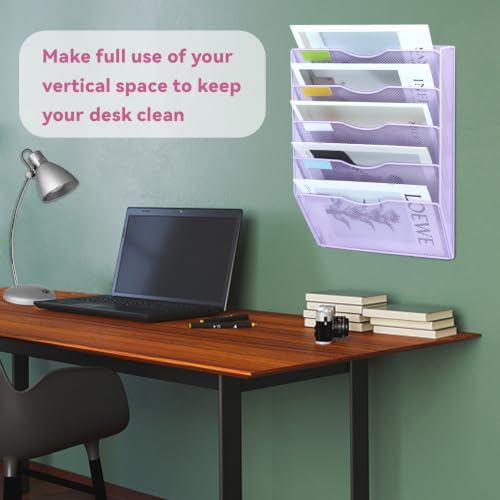 5 Pockets Mesh Wall File Holder Organizer Office Hanging File Folder Magazine Rack, Nametag Label Hooks Set Included (Purple)
