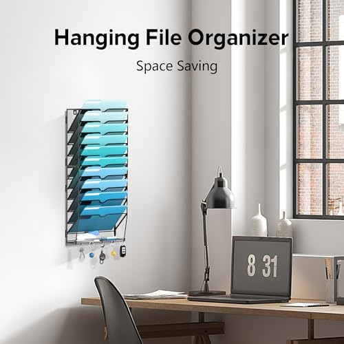11-Tier Wall File Organizer and Mail Organizer with 5 Hooks, Black