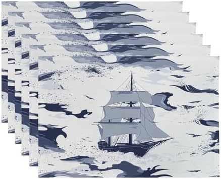 Sailing Ship Maritime Linen Placemats, Ocean Waves Nautical Table Mats for Table Washable Heat Insulation Thick Dining Mat, Indoor/Outdoor 12X18 in 6 Pcs