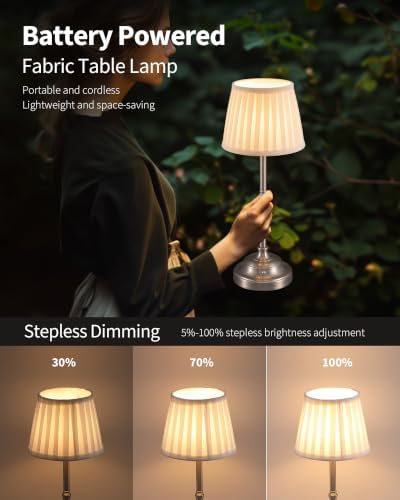 KDG Nickel Cordless LED Table Lamps Set of 2, Beige Fabric Shade Desk Lamps