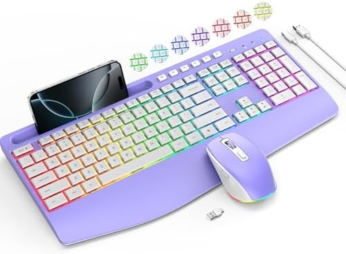 Wireless Keyboard and Mouse Combo- VEILZOR 2.4G Rechargeable Keyboard with Phone Holder, Ergonomic Wrist Rest, 9 RGB Backlit Effects, Silent Keyboard Mouse Set for Windows, Laptop, PC