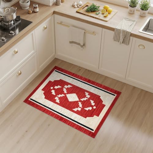 3'x5' Red Ivory Cat Crimson Boho Geometric Washable Throw Rug