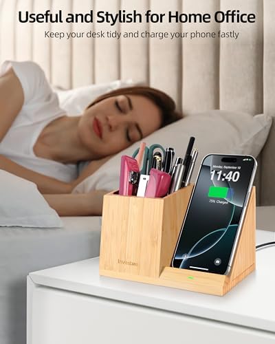 3-in-1 Bamboo Wireless Charger with Desk Organizer, Pen Holder for Desk