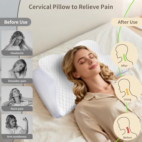 Memory Foam Cervical Neck Pillow for Neck Pain Relief, White