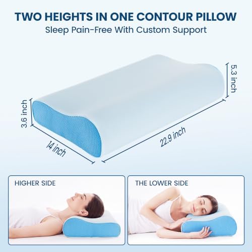Cervical Neck Pillow for Neck Pain Relief, Odorless Memory Foam Pillow with Adjustable 2 Heights, Cooling Bed Pillow Neck Support Pillow for Side, Back & Stomach Sleepers, Standard Size(Blue)