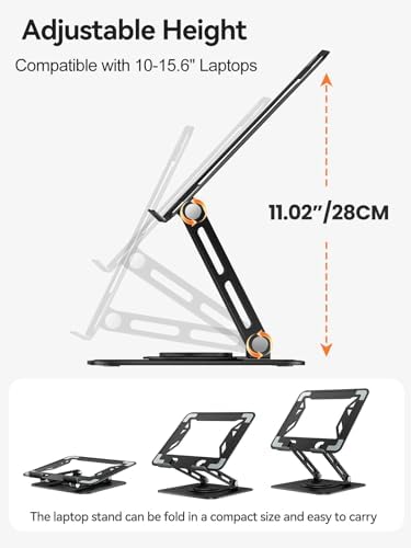 tounee Laptop Stand for Desk, Adjustable Computer Stand Holder with 360° Rotating Base, Ergonomic Laptop Riser Compatible with MacBook Pro Air, All Laptops 10-15.6"-Black