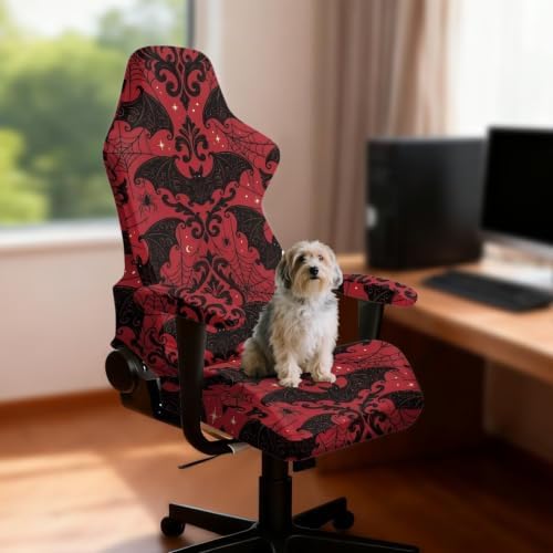 Gaming Chair Cover Stretchable Game Chair Slipcovers with 2 Armrest Covers, Scratch-Proof Gamer Desk Chair Covers for Computer Office Seat Red Bat Gothic