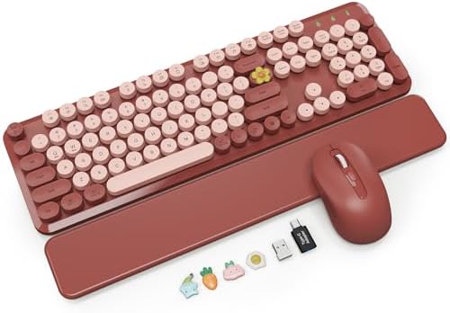 Wireless Keyboard Mouse Combo, Magnetic Wrist Rest, Round Keycaps, Wine Red