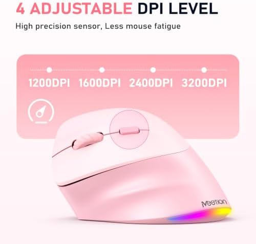 MEETION Left-Handed Wireless Ergonomic Vertical Mouse, Rechargeable - Pink