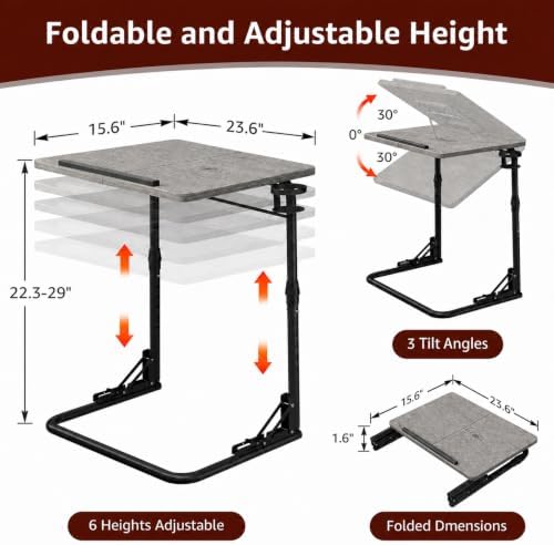 NUTIKAS Folding TV Tray Table - Adjustable Height Sofa Grey Wood Side Table, Wooden Portable Trays for Eating On Couch, Laptop Stand with Cup Holder, C Shaped Foldable Desk