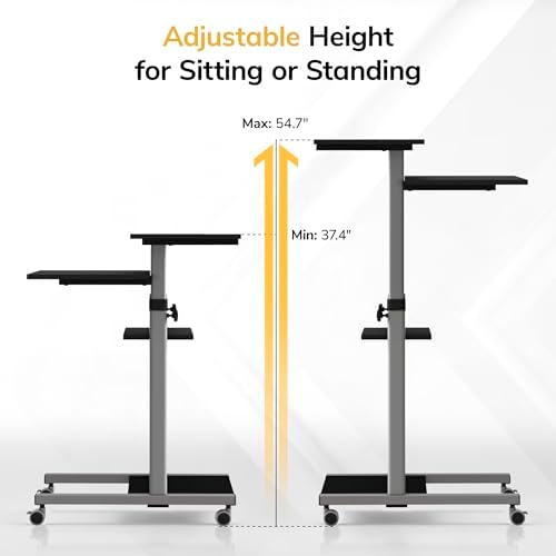 Mount-It! Rolling Desk Adjustable Height up to 54.7", Portable Standing Desk for Laptop or Podium Stand with Wheels, Mobile Roller Presentation Cart, Computer Work Station 27.5" Wide, Locking Wheels