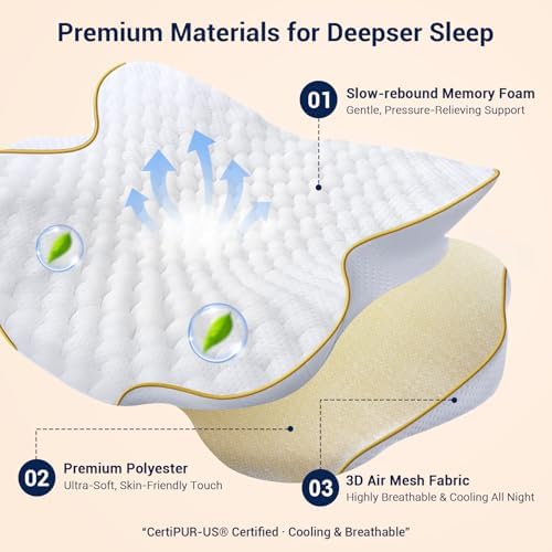 AZBESTPRO Memory Foam Cervical Pillow for Neck Support & Pain Relief, Butterfly Ergonomic Design – 24×15.75×5.7 Inches, Removable 100% Polyester Pillowcase, Suitable for Side & Back Sleepers (Gold)