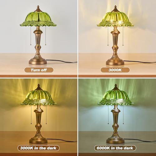 HDDFL Glass Shade Table Lamp Vintage Metal Desk Lamp 2 Lights Table Light with Plug Switch for Bedroom Living Room Home Office Brass and Green