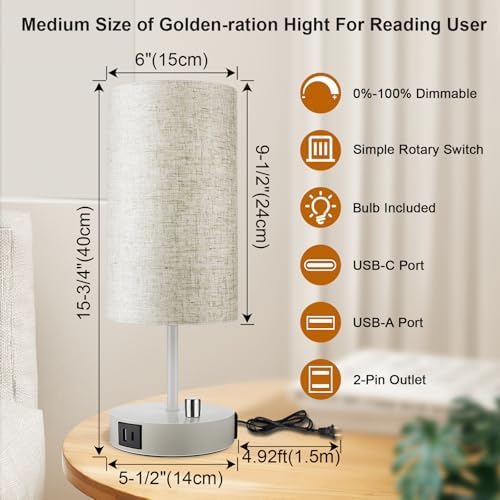 LTBLIGHT Table Lamp 3-Way Dimmable with USB+Outlet White Base Fabric Shade