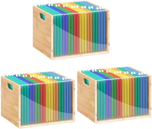 Sbanmao 3 Pack Hanging File Organizer, Acrylic File Box Organizer, Bamboo File Crate File Cabinet Storage Box, File Folder Organizer for Home Office Desk, Letter Size