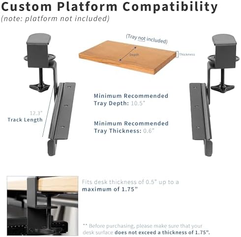 VIVO Clamp and 12 inch Rail Set for DIY Custom Wooden Keyboard Trays (Rail Set Only - Tray Not Included), Pull Out Slider Track with C-clamp Mount System, Black, MOUNT-RAIL02