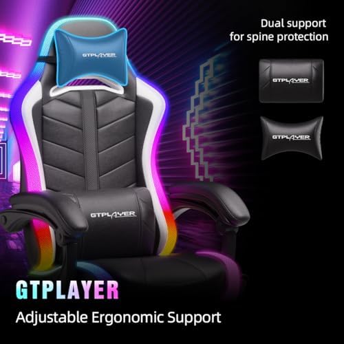 GTPLAYER Gaming Chair, Computer Chair with RGB LED Lights, High Back Ergonomic Chair for Adults with Footrest and Linkage Armrests& Headrest Lumbar Support (w/BT Speakers)