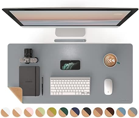 RENMTURE Dual-Sided Mouse Pad, Natural Cork & PU Leather Large Desk Pad for Office and Home Work, Desk Protector Non-Slip, Waterproof, Easy Clean (Gray, 36"x17")