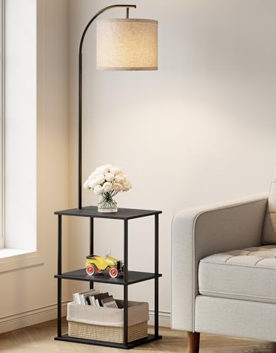 PARTPHONER Floor Lamp with Table, Night Stand with Lamp, Narrow Side Table with 3CCT LED Bulb, Small Coffee Table, Modern End Table with Storage Shelves for Living Room Bedroom Home Décor, Black
