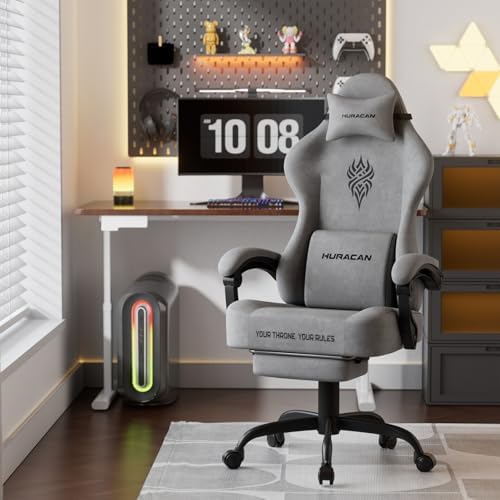 Ferghana Velvet Fabric Gaming Chair - 20.5″ Wider Seat Cushion, Fire Embroidery, Ergonomic High Back Game Chair with Footrest | Computer Chair with Massage Lumbar Support for Adult, Gray