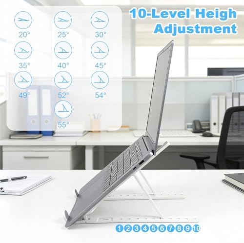 Laptop Stand for Desk, Adjustable 10-Angle Foldable Laptop Riser, Portable White Plastic Tablet Holder, Ventilated Notebook Stand Compatible with All Laptops up to 17 Inch