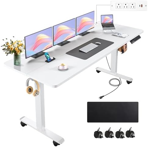 farexon Electric Standing Desk Adjustable Height, 63 x 24In with Power Outlets and USB Ports, Stand up Desk with 39x18in Mouse Pad, Dual Beam Structure, 4 Wheels,4 Memory Heights Easy to Set(White)