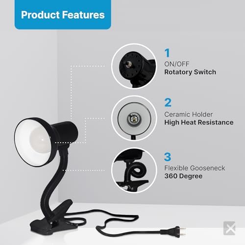 Xtricity LED Clip on Desk Lamp with 360° Flexible Gooseneck, Reading Light for Bed Headboard– A19 Bulb Included, 120V, On/Off Switch, 10.25” Height Table Lamp with Black Finish (2 Pack)