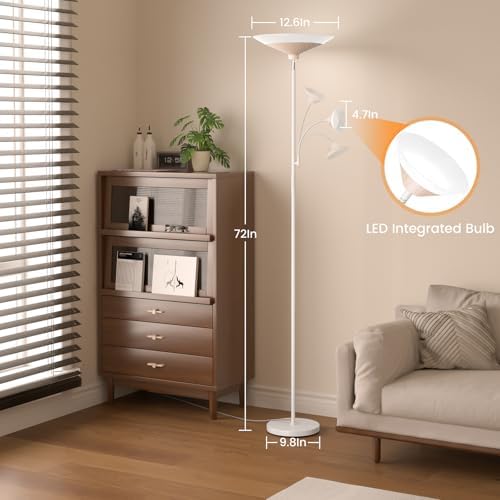 SIBRILLE Torchiere Floor Lamp with Wood Grain Shade, 72" Dimmable LED Standing Lamp with Remote, 2-in-1 Floor Reading Lamp with Color Changing, 34W White Corner Lamp for Living Room Bedroom Office