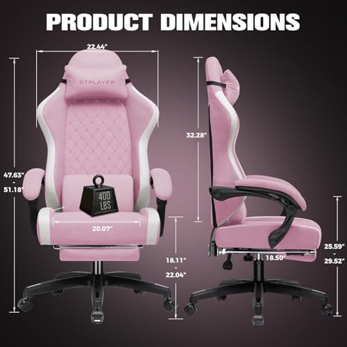 GTPLAYER Gaming Chair, Ergonomic Computer Chair with Footrest and Lumbar Support, High Back Recliner Chair 350lbs, Height Adjustable for Home Office, Pink