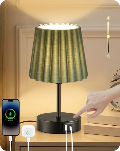 Small Bedside Table Lamp, Touch Dimmable Table Lamp with USB Ports, Nightstand Lamp with a Stepless Dimming LED Bulb, E26 Base, for Bedroom, Study, Desk, Black and Green J16TL05