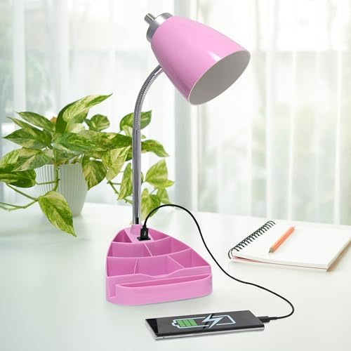 Simple Designs LD1056-PNK-LB 18.5" Gooseneck Organizer Desk Lamp with iPad Tablet Stand Book Holder and USB Port, with LED Bulb, Pink