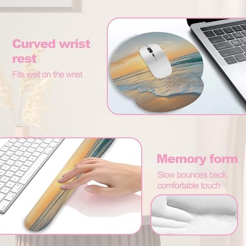 Beach Sunset Keyboard Wrist Rest Pad and Mouse Pad Wrist Support Set,3-in-1 Ergonomic Mouse Pad with Non-Slip Rubber Base for Home Office Game Computers Desk,