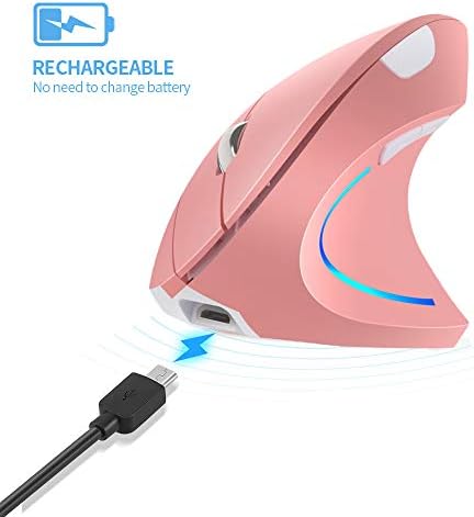 Vertical Mouse, Right Handed 2.4GHz Wireless Ergonomic Rechargeable Vertical Mouse with 4 Adjustable DPI 800/1200/1600/2400, 6 Buttons,Compatible with PC, Desktop,Mac (Pink)…
