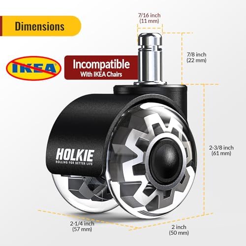 HOLKIE Office Chair Wheels Set of 15 Replacement 2 Inch Dual Casters - Universal Fit 11mm Rubber Smooth Quiet Rolling Casters - for Hardwood Floors Carpet Computer Grey