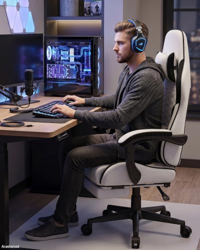 LUCKRACER Gaming Chair with Footrest and Pocket Spring Cushion, 90°-155° Reclining Ergonomic Computer Chair, 4" Height Adjustable, Lumbar Support, SGS Class 3 Gas Lift, White