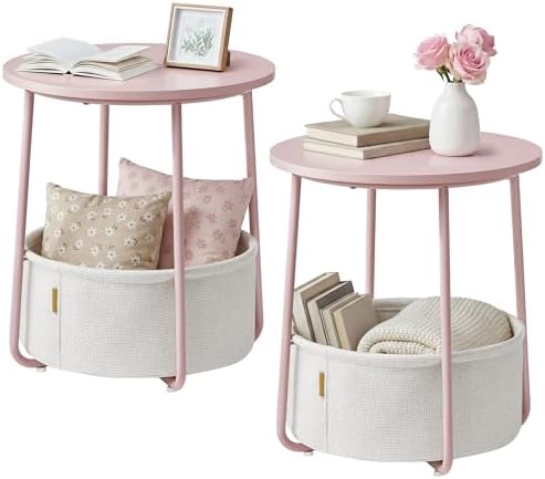 SONGMICS HOME Small Side Tables, Round End Tables, 2 Tier Nightstands with Basket, U Shaped Steel Legs, Easy Assembly, for Living Room, Bedroom, Set of 2, Pink and White