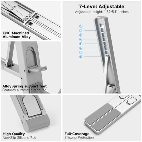 LIENS Laptop Stand, Adjustable Aluminum Ergonomic Riser - 7-Angle, Foldable Portable Ventilated Cooling, Compatible with MacBook Air Pro, HP, Dell, Lenovo, All 10-17 Inch Laptops (Silver)