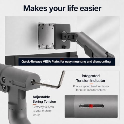 3IDEE Flexi Pro Monitor Arm Monitor Mount for Desks (up to 40" & 11 kg) – Curved, Heavy Duty, Spring-Assisted, Height-Adjustable & Fully Articulated – VESA 75/100, Slim Aluminum Design – Space Grey